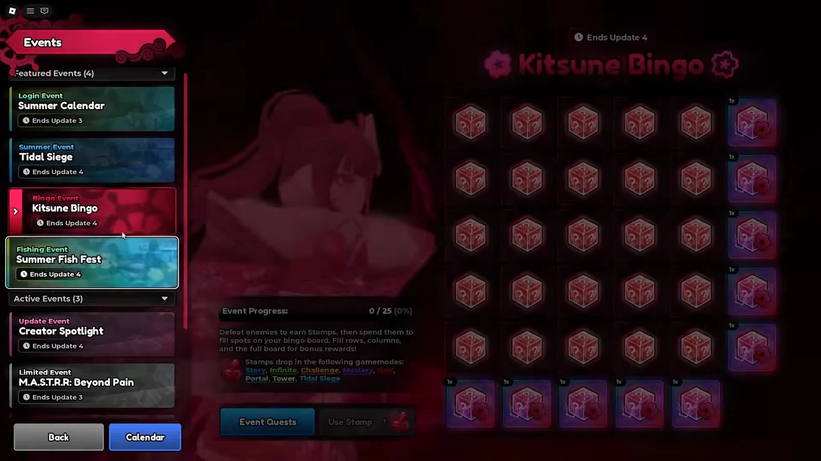 Kitsune Bingo board open in the Events menu showing stamp rewards and Event Quests