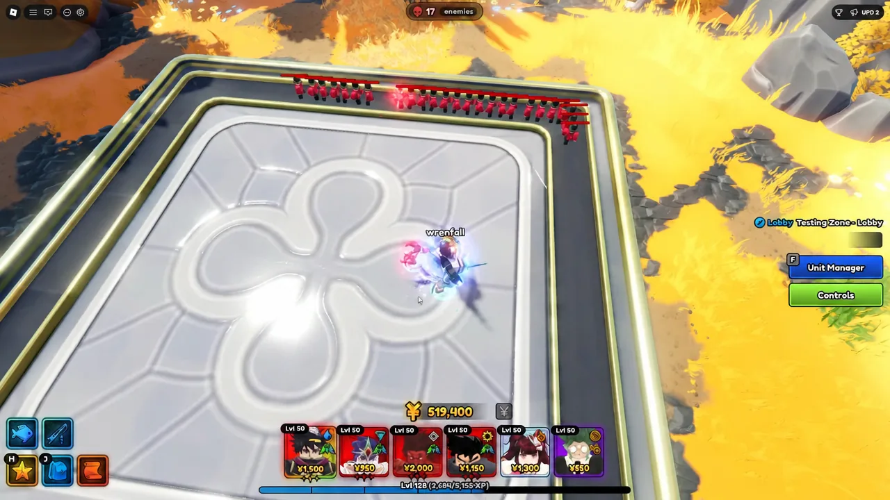 Testing Zone platform in the lobby with the Unit Manager button visible during combat