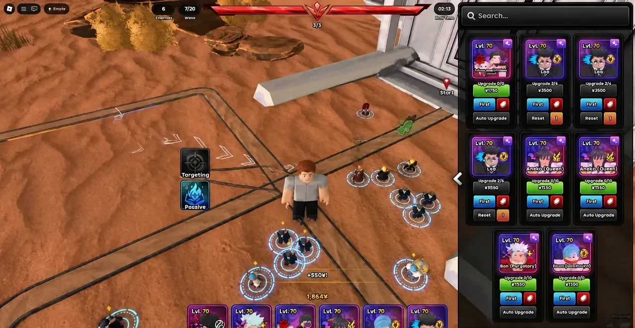 Anime Origins gameplay with the unit management panel open on the right showing deployed units and upgrade buttons