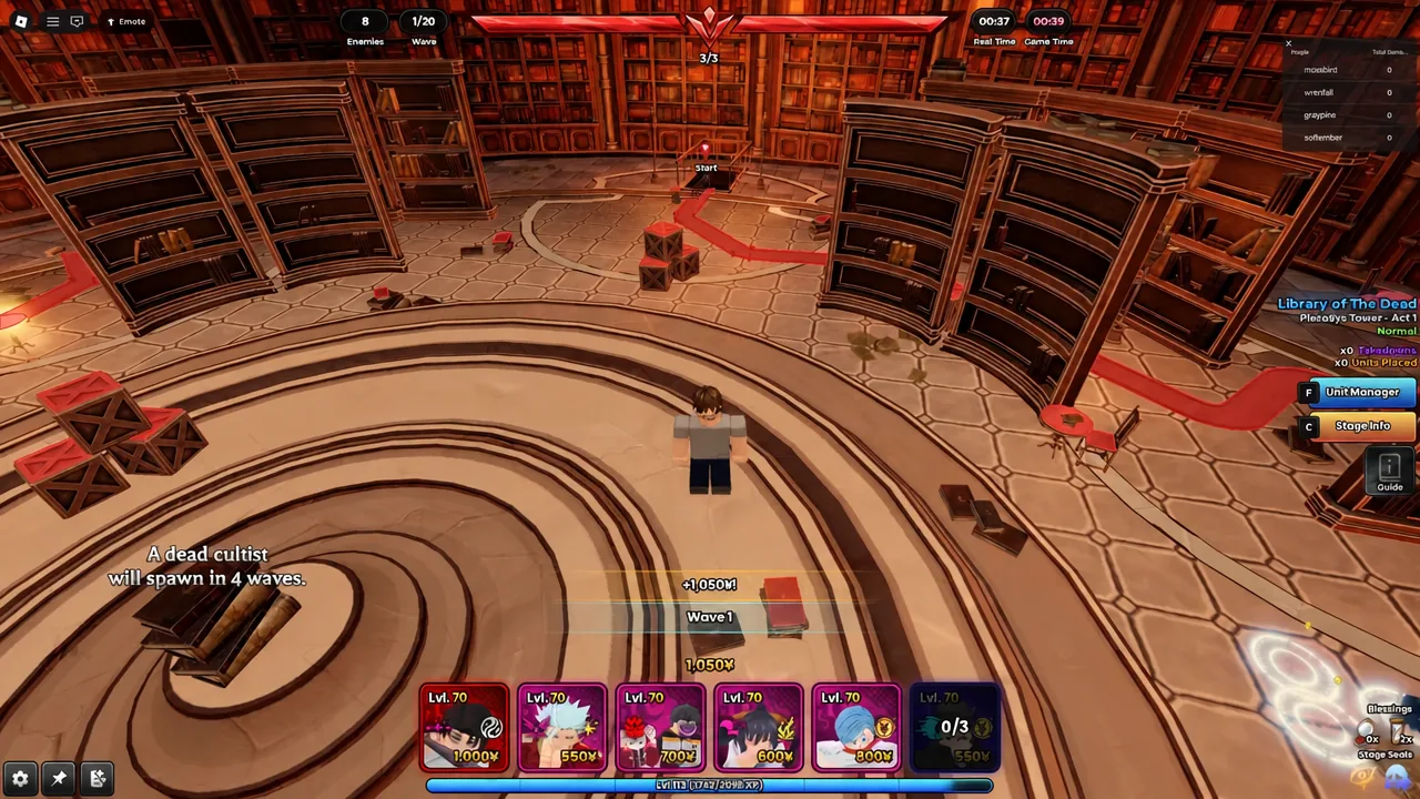 Library of The Dead stage in progress with the Wave 1 indicator visible and unit cards along the bottom