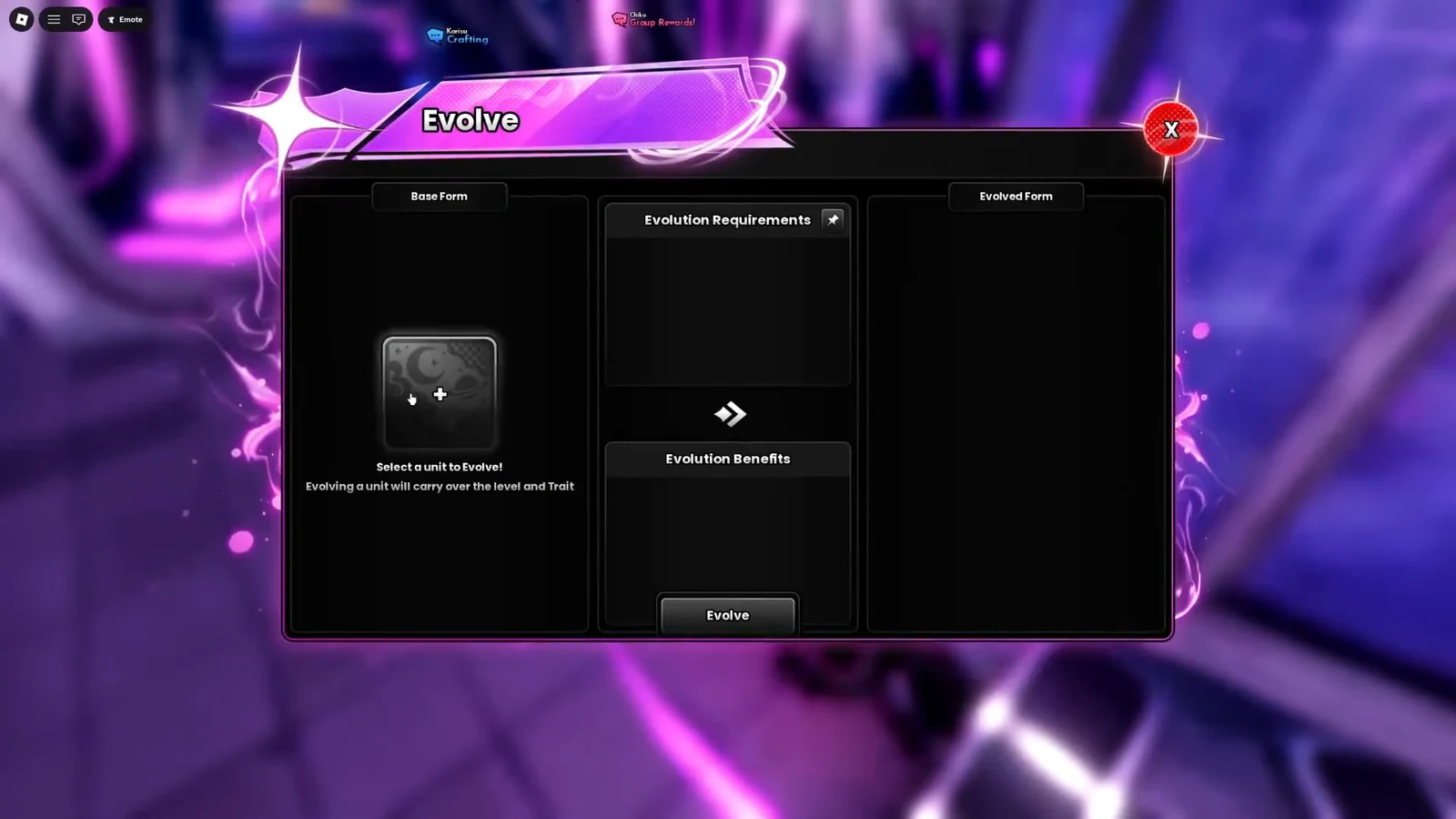 Evolve menu showing the empty Base Form slot and the Evolve confirmation button