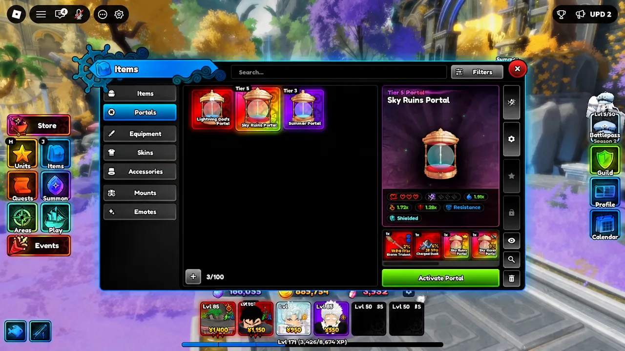 Items menu with the Portals tab open and Sky Ruins Portal highlighted for activation