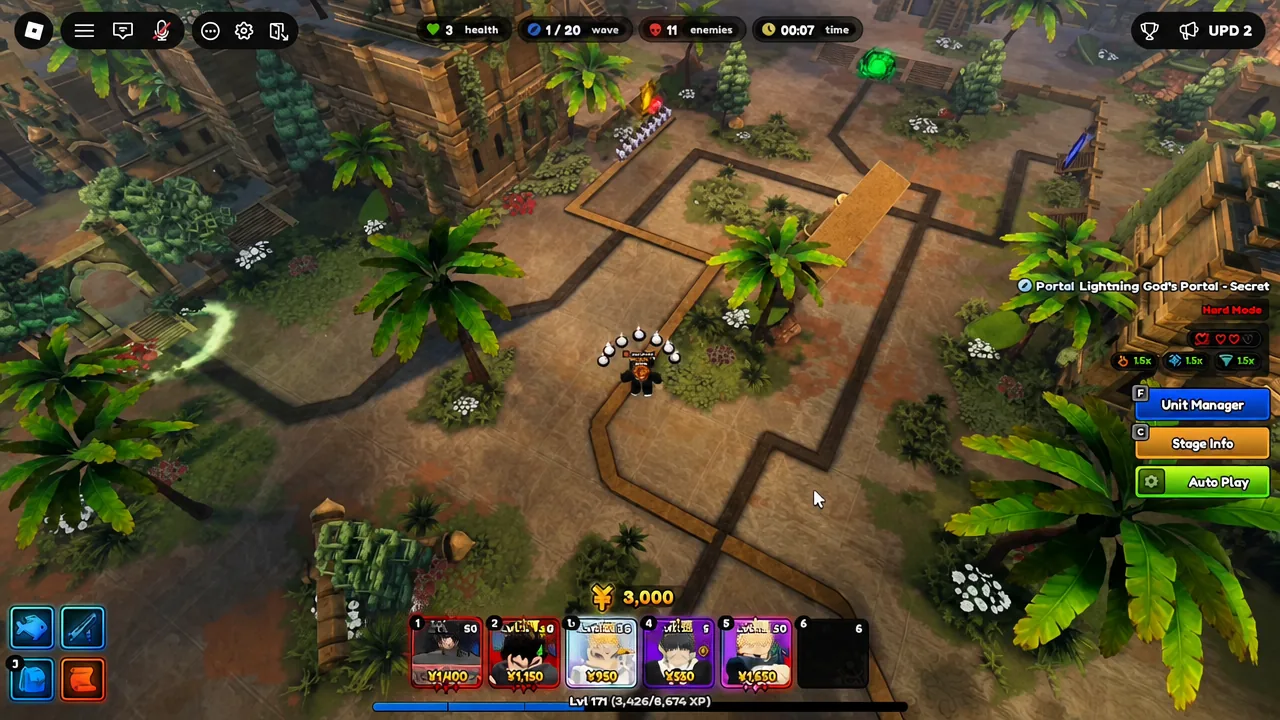 Lightning God's Portal Secret stage in combat during wave 1 with the Unit Manager available