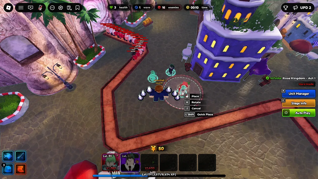 Infinite Rose Kingdom Act 1 with the Place control highlighted while positioning a unit