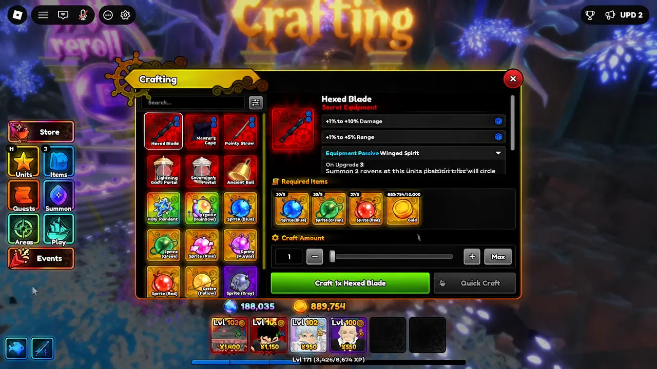Crafting menu showing a selected recipe with required items and a craft button