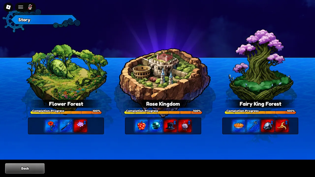 Story screen with the Story tab selected and completed forest kingdoms shown