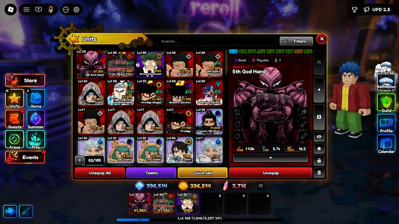 Units screen with 5th God Hand selected and its stats shown in the right panel