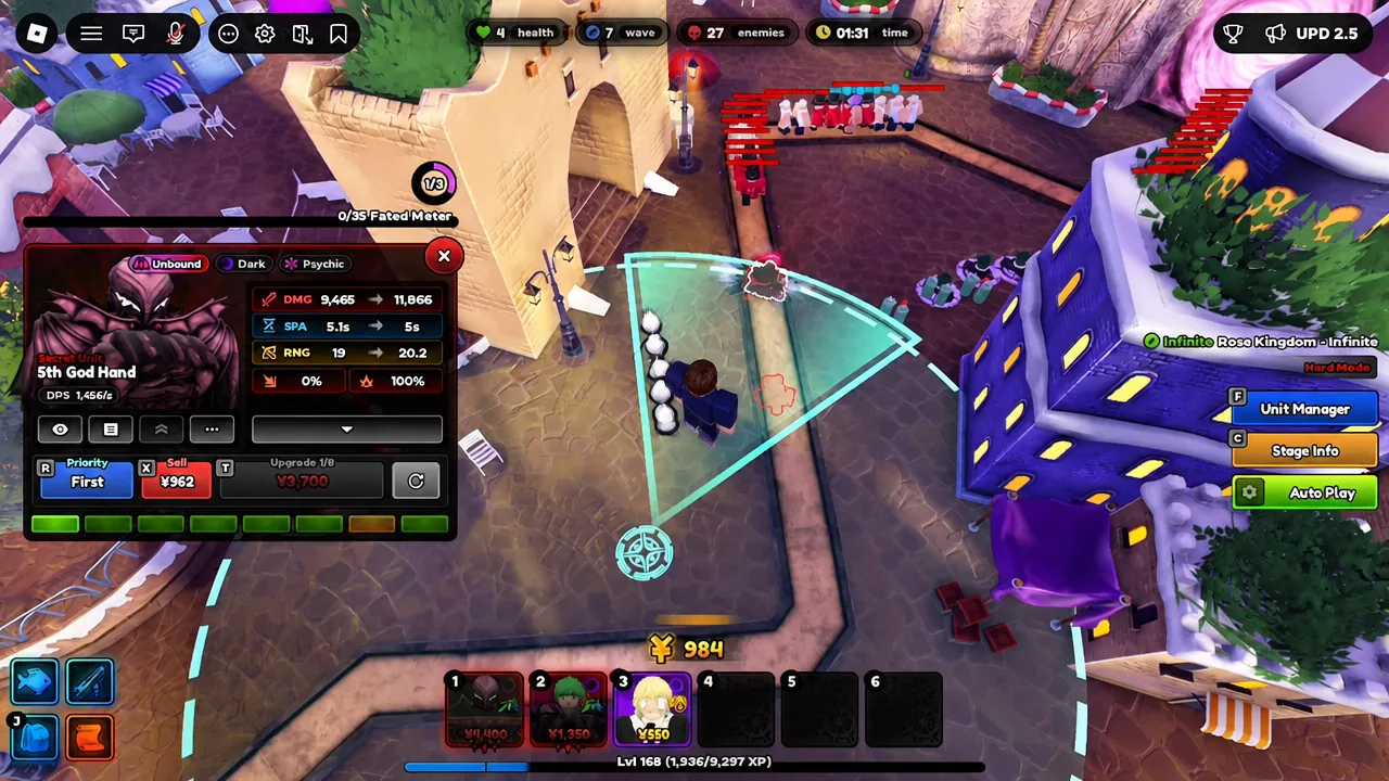 5th God Hand placed on the map with its attack range circle and current target shown