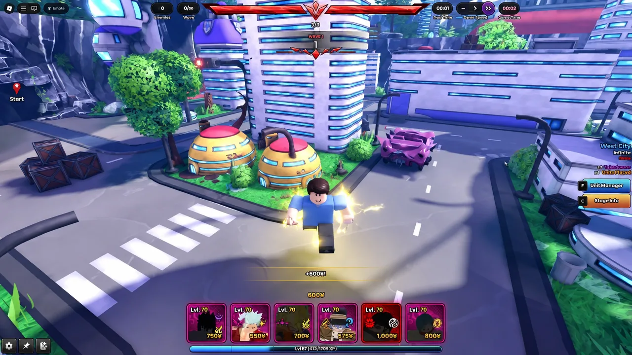 West City Infinite on Wave 1 with the Unit Manager button on the right side of the screen