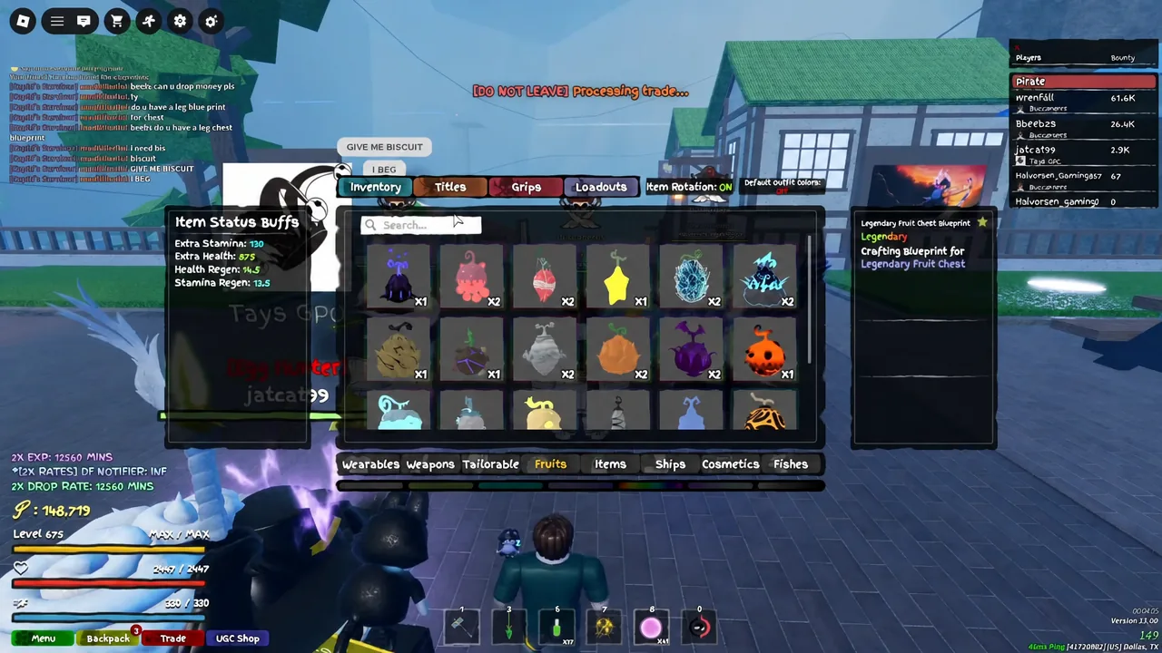 Inventory menu open while a Mythical Fruit Chest is spun for the Leopard Fruit