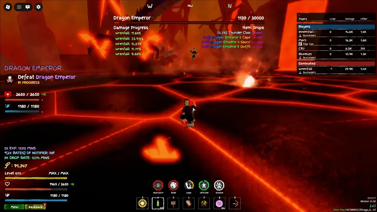 Dragon Emperor boss health bar tracked during combat and item drops