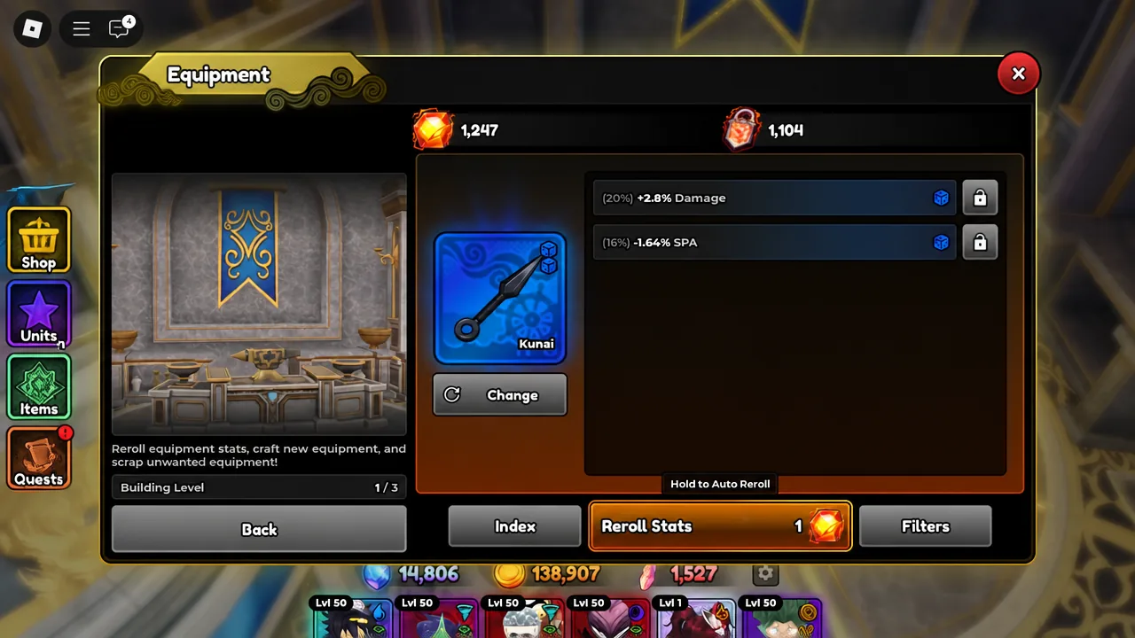 Armory equipment screen with a piece selected and the Reroll Stats button visible