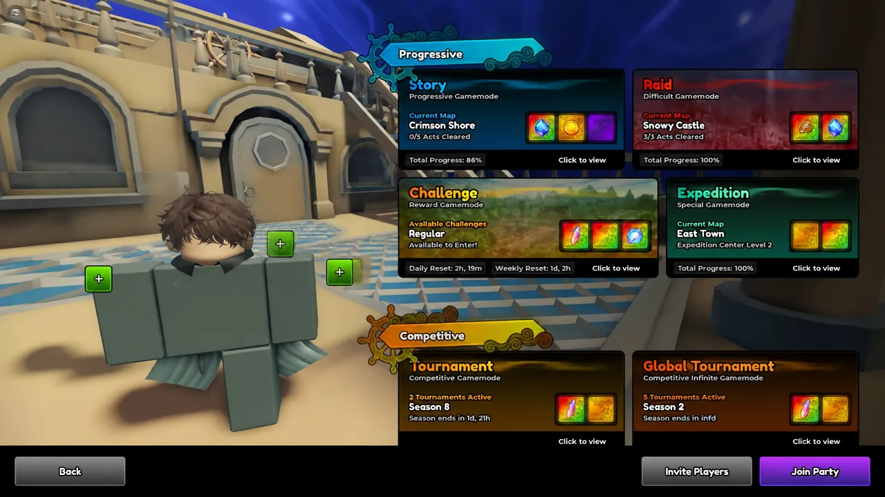 Anime Expeditions mode selection menu with the Join Party button highlighted before entering a stage