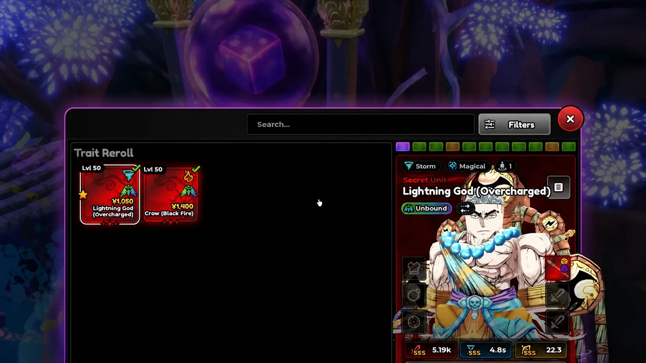 Trait reroll screen in Anime Expeditions showing a unit's details and the available trait cards