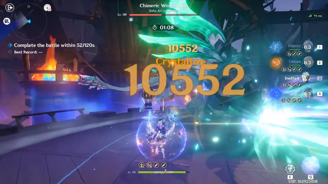 Chimeric Winged Lion fight with a Crystallize hit landing while the stage timer counts down