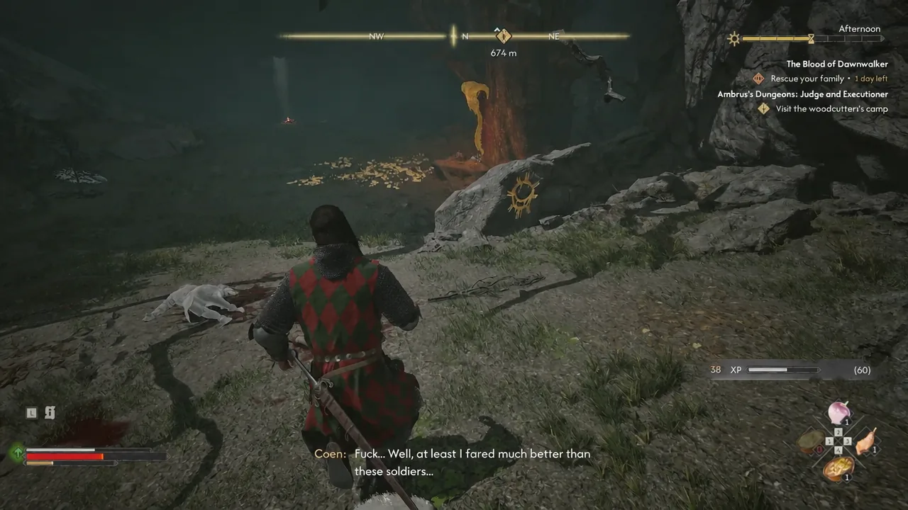 Coen moves through the interior of the wolf cave after the ambush with the quest tracker active