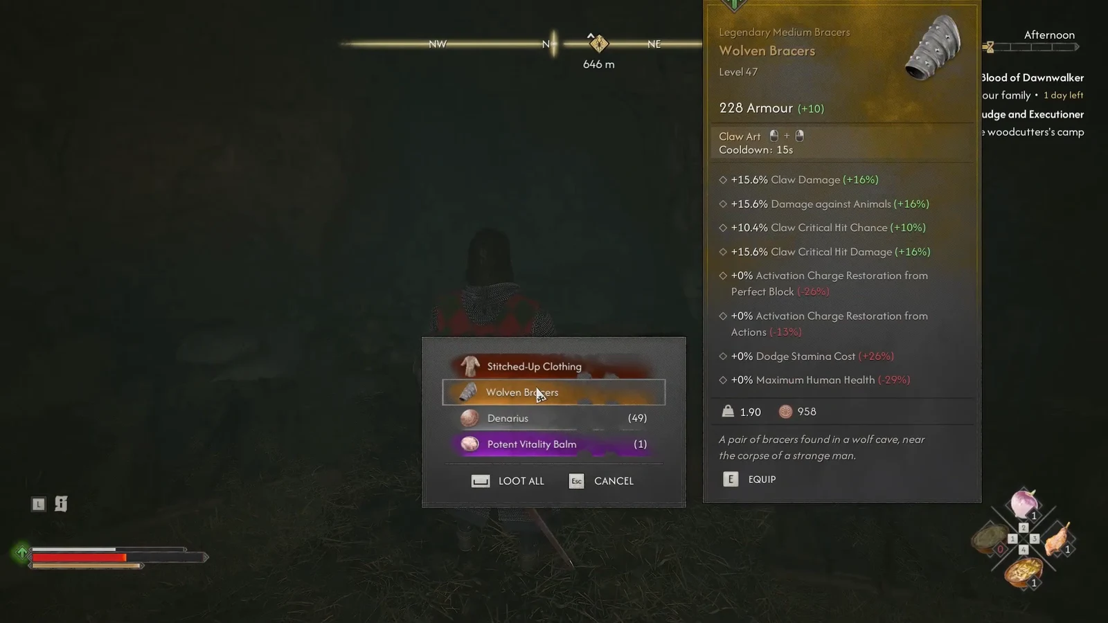 Loot window showing the Wolven Bracers with their stats and the Equip prompt