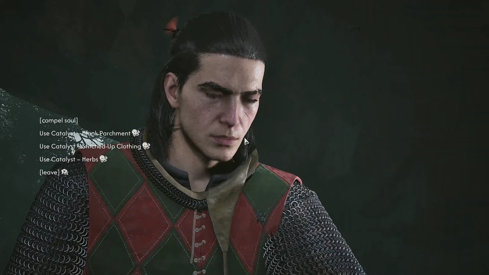 Compel Soul dialogue listing Blank Parchment, Stitched-Up Clothing and Herbs as catalyst choices