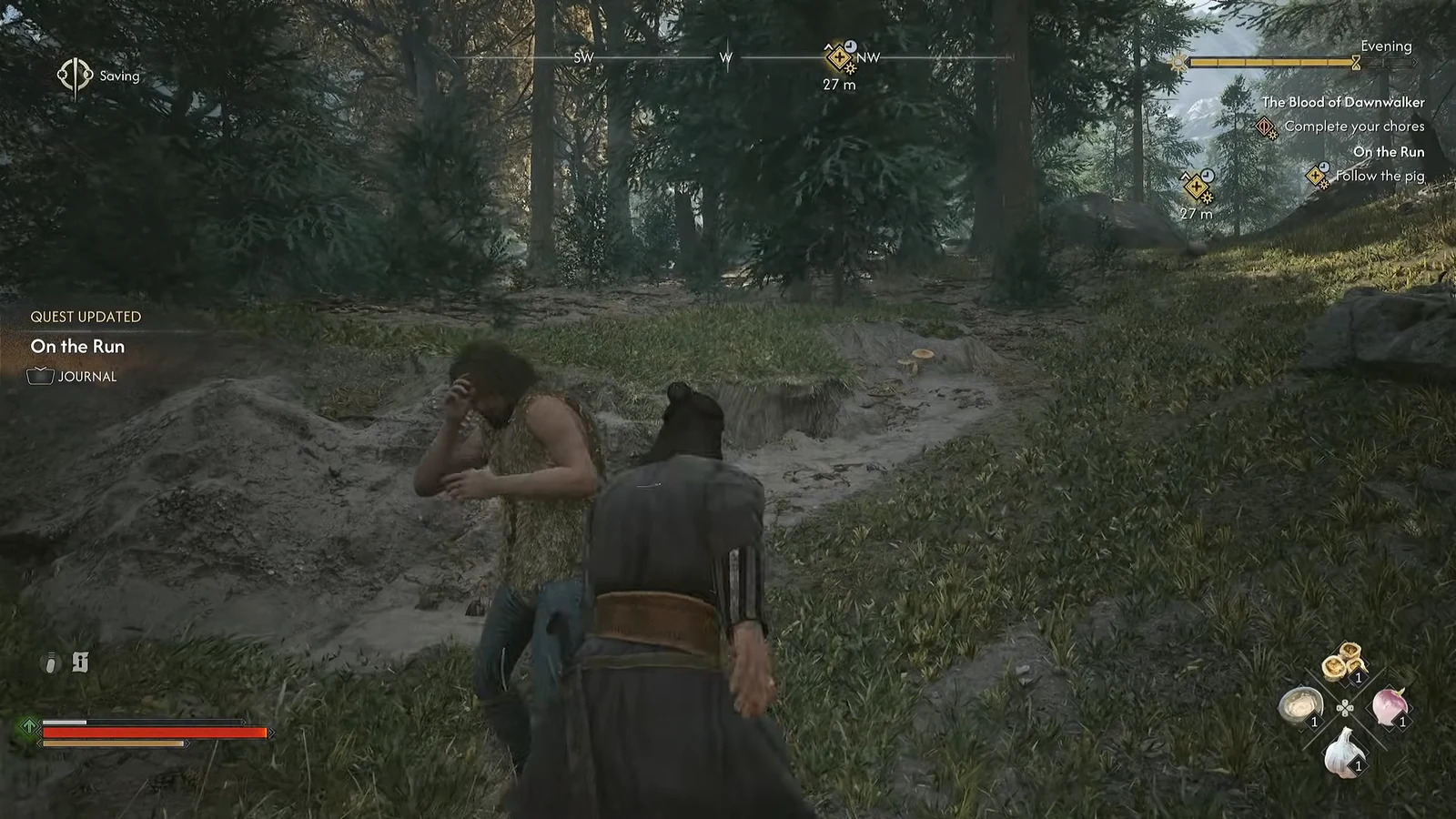 The Follow the pig objective appears on screen as Coen chases the animal through the forest