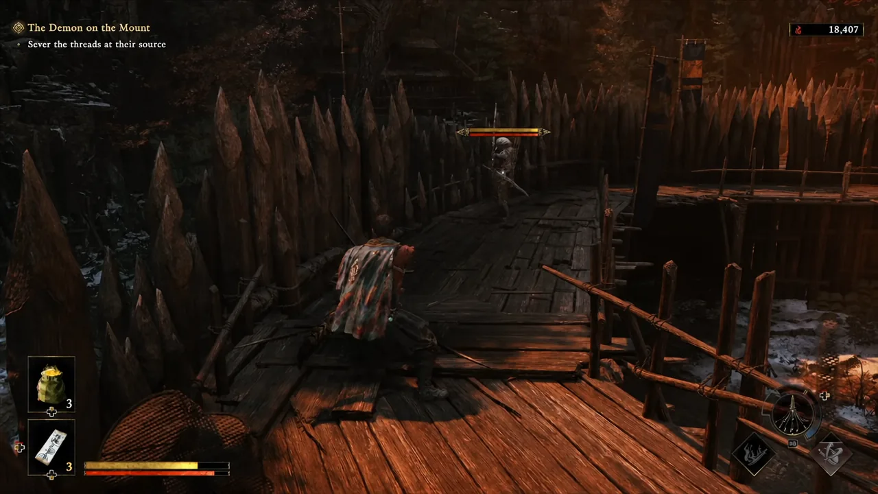 Musashi approaching an enemy during The Demon on the Mount while chasing a distant target