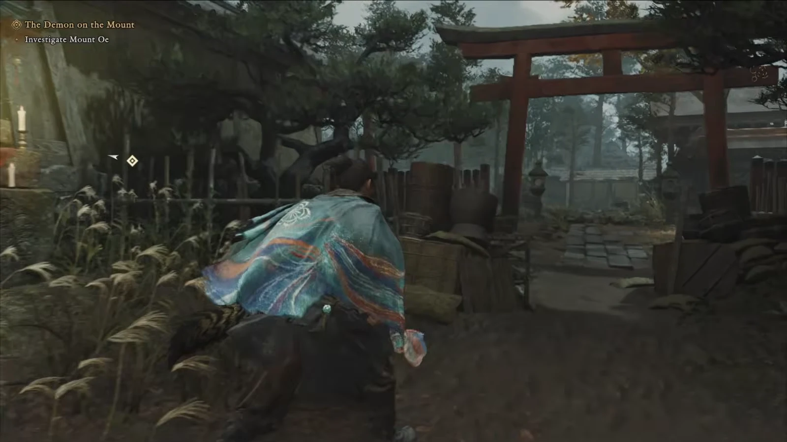 Crouching character approaching a shrine gate during Investigate Mount Oe