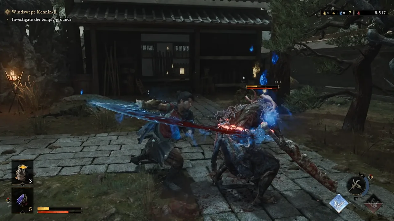 Musashi attacking a Genma enemy in the temple grounds of Windswept Kennin-ji