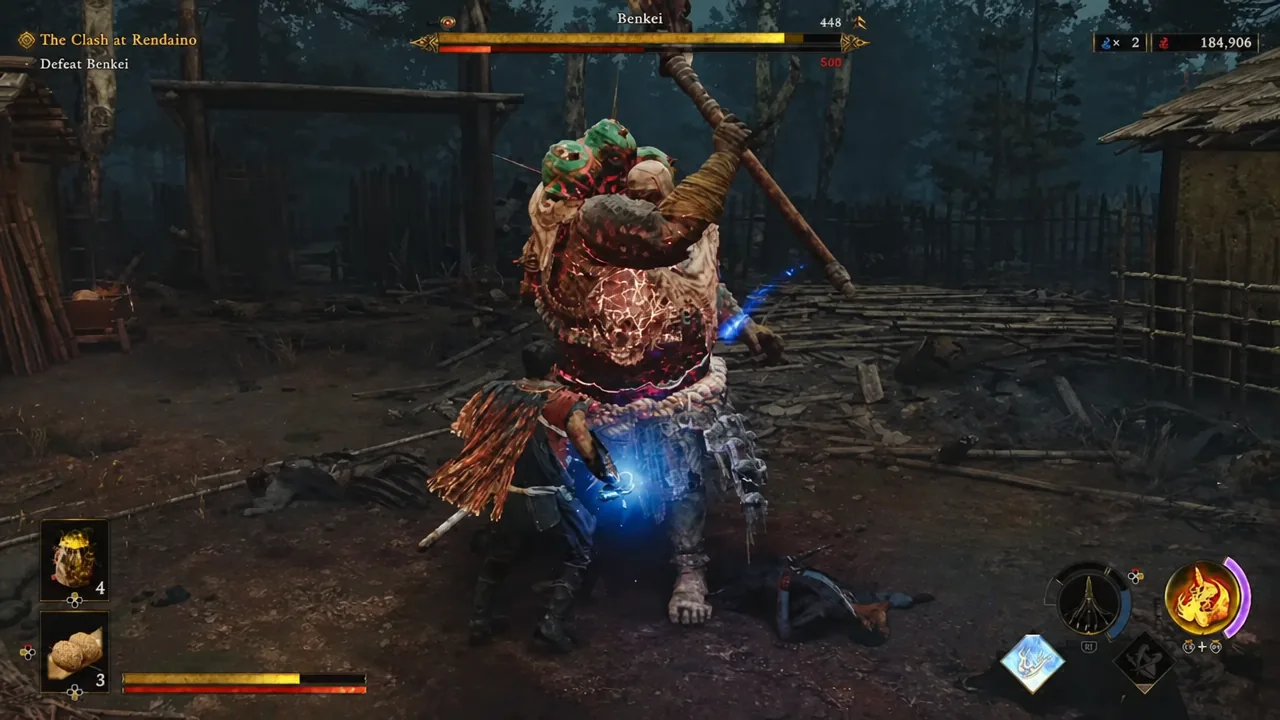 Musashi countering a boss attack in the arena, with the stamina bar draining under the health bar