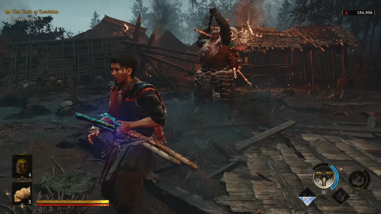 A boss winding up an attack in the rematch arena as Musashi holds position for a counter