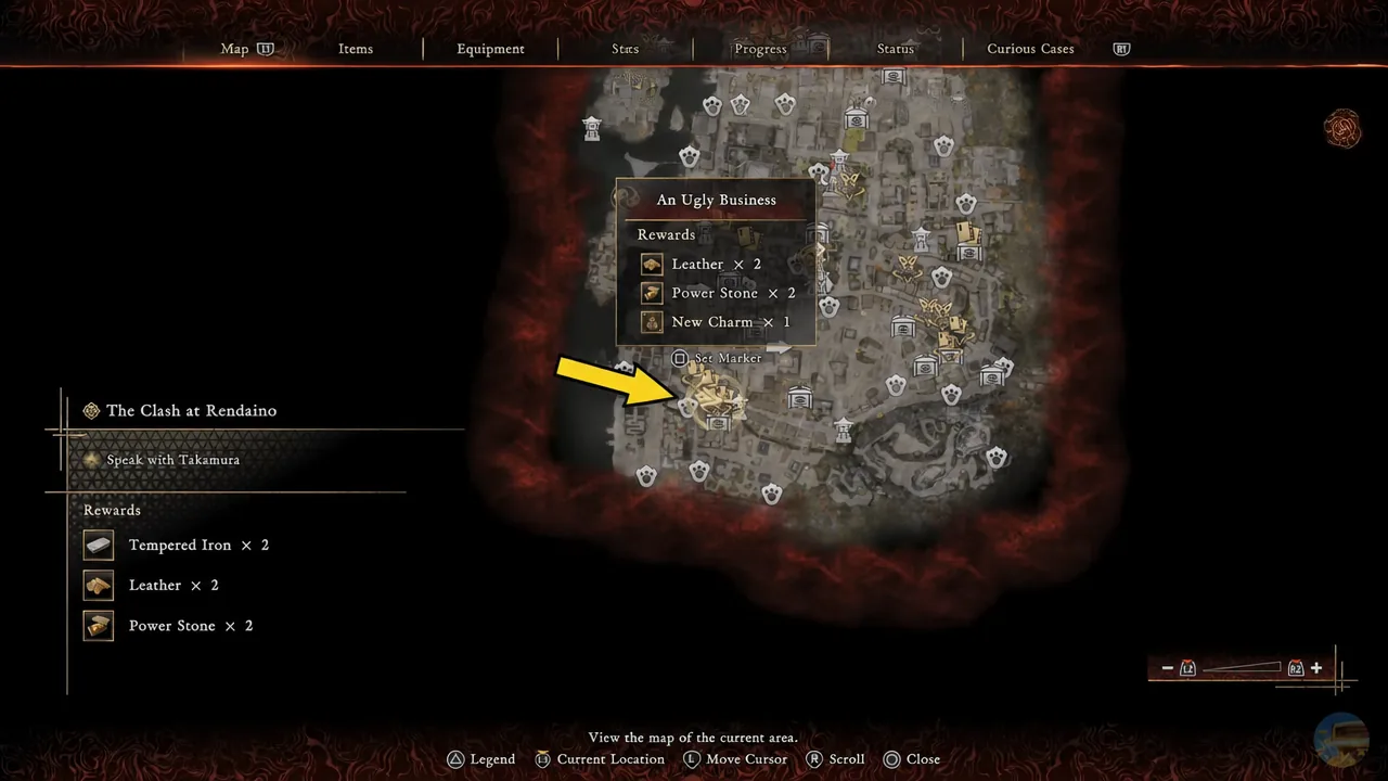 Map screen with the An Ugly Business quest marker selected and its reward list open