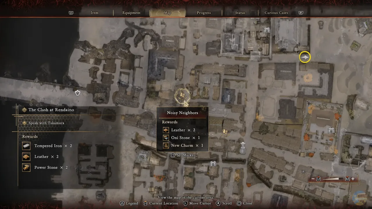 Noisy Neighbors highlighted on the map with its rewards visible and Set Marker selected