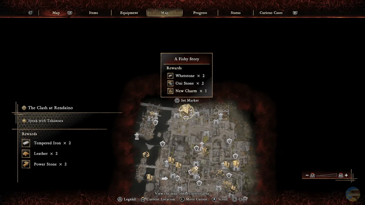 Map tab open on the current area with the A Fishy Story rewards popup displayed