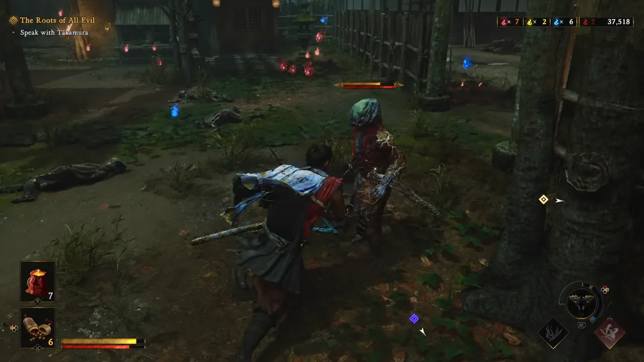 Musashi strikes a Genma while the quest objective Speak with Takamura sits on screen