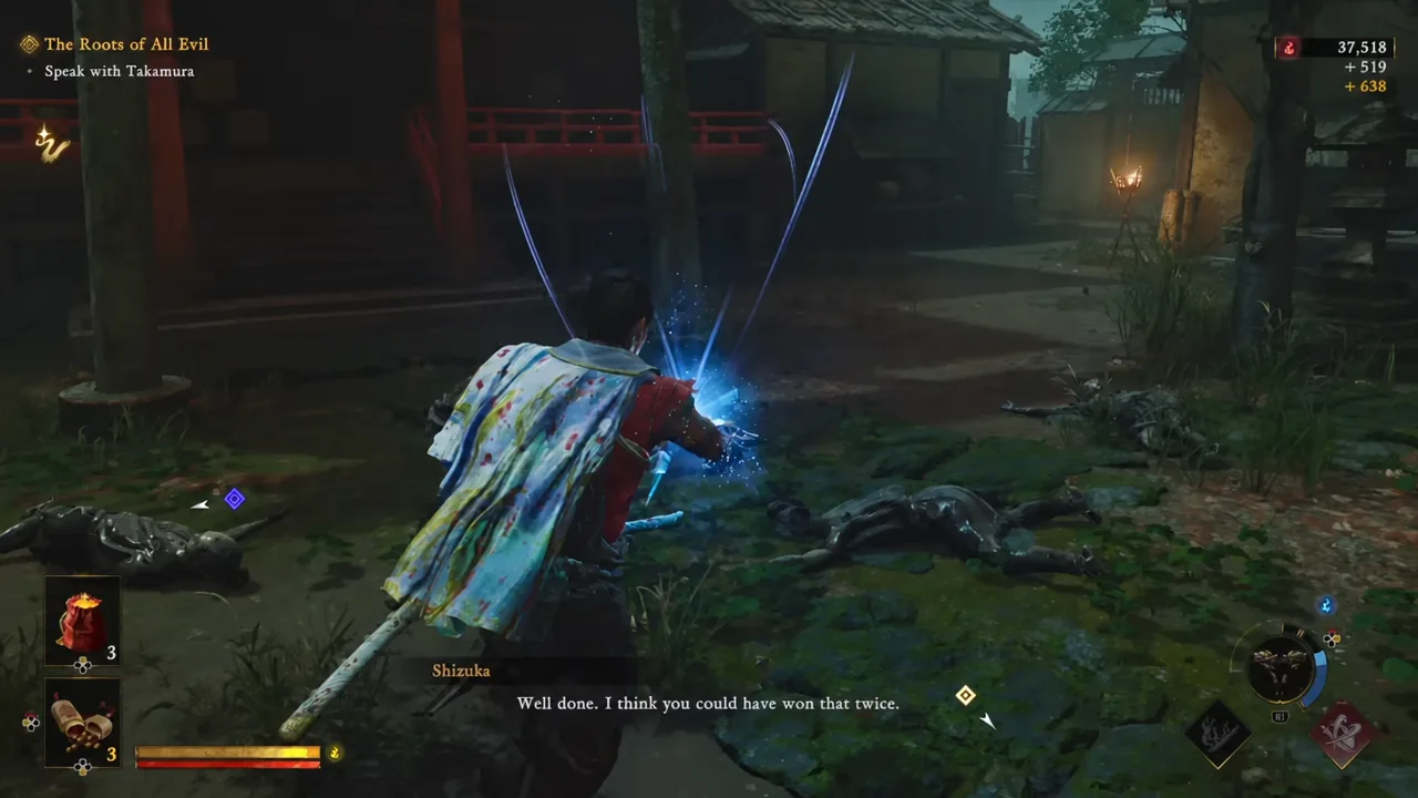 Musashi unleashes a blue Oni ability surrounded by fallen Genma in a Kyoto street