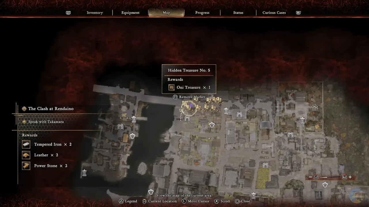 Hidden Treasure No. 5 marker selected on the map with its rewards listed