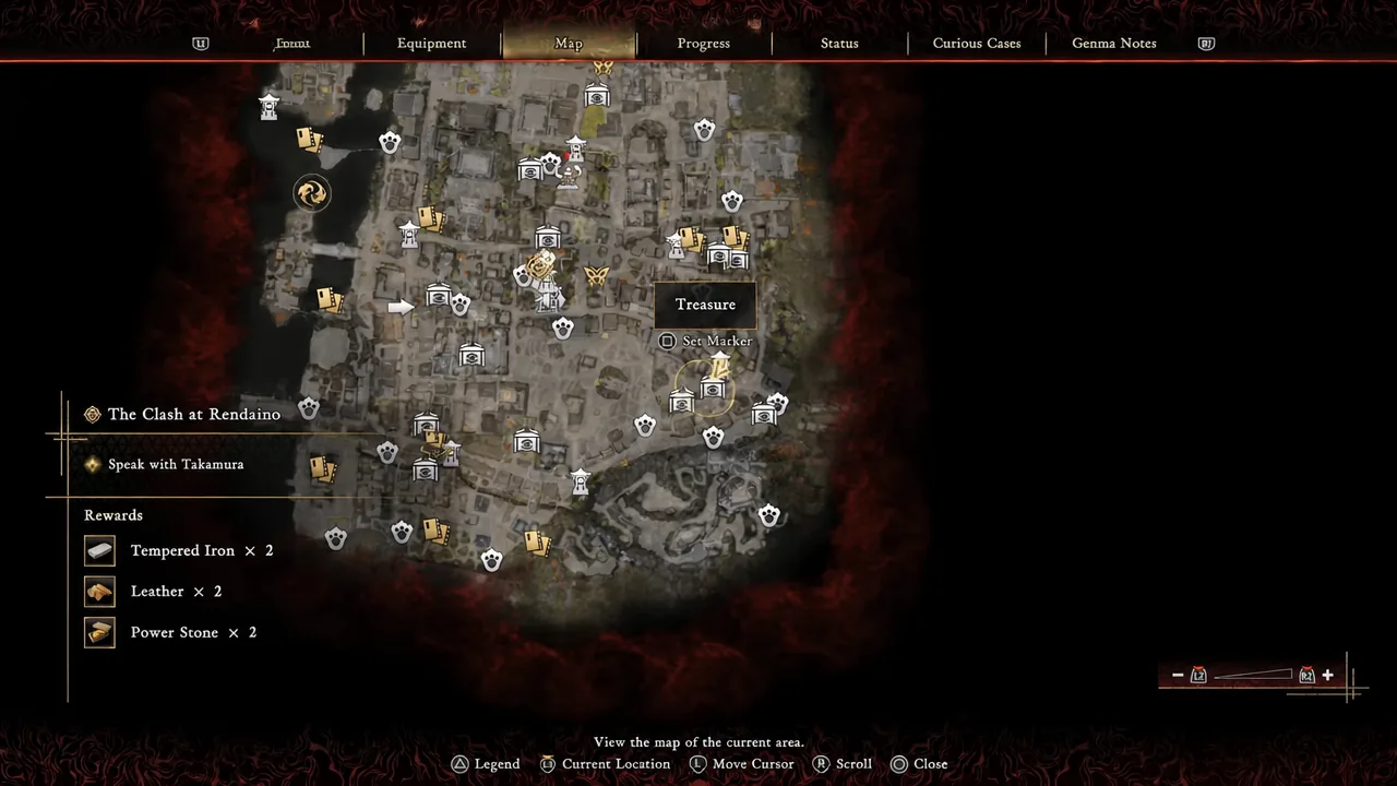 Map screen with a treasure icon highlighted and the Set Marker prompt shown