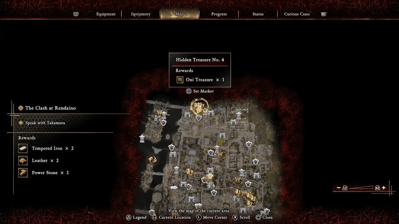 Map entry for Hidden Treasure No. 4 showing its Oni Treasure reward