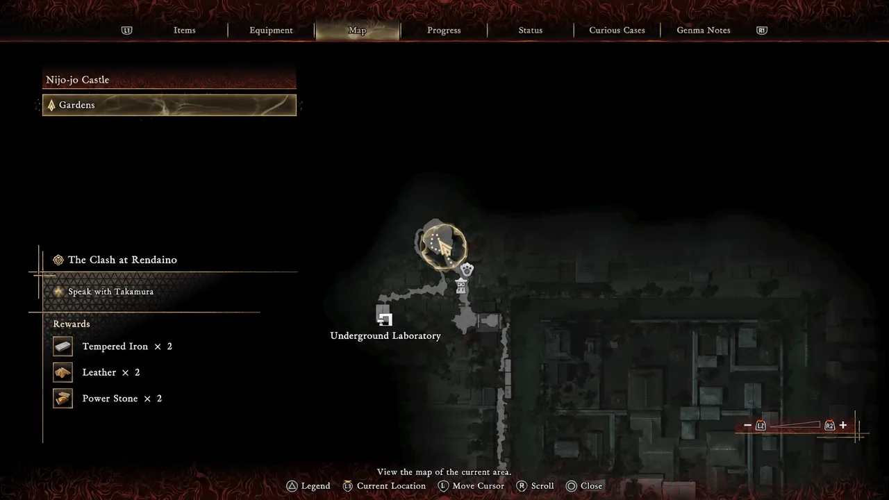 Map screen with Gardens highlighted under Nijo-jo Castle and quest objective shown.