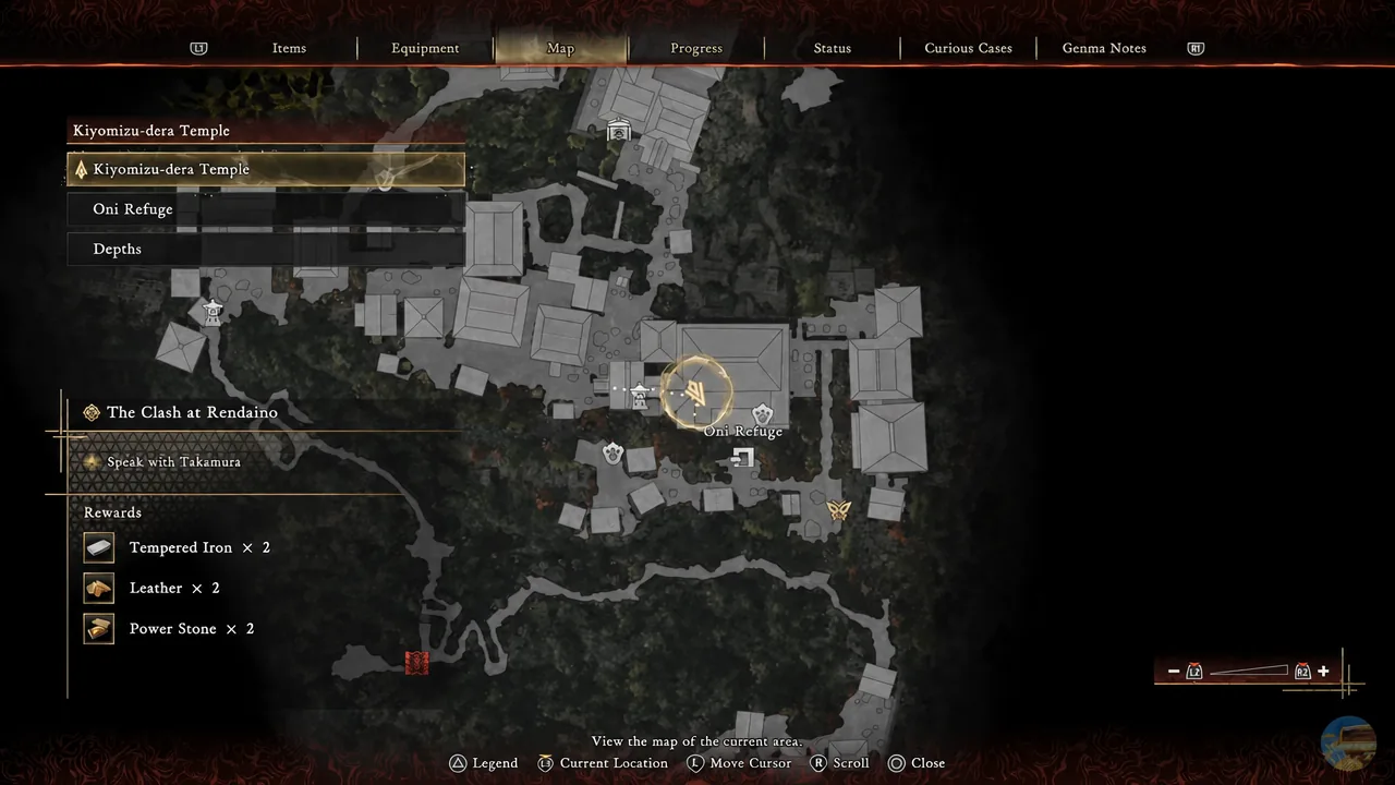 Map tab open with Kiyomizu-dera Temple highlighted and its quest details displayed.