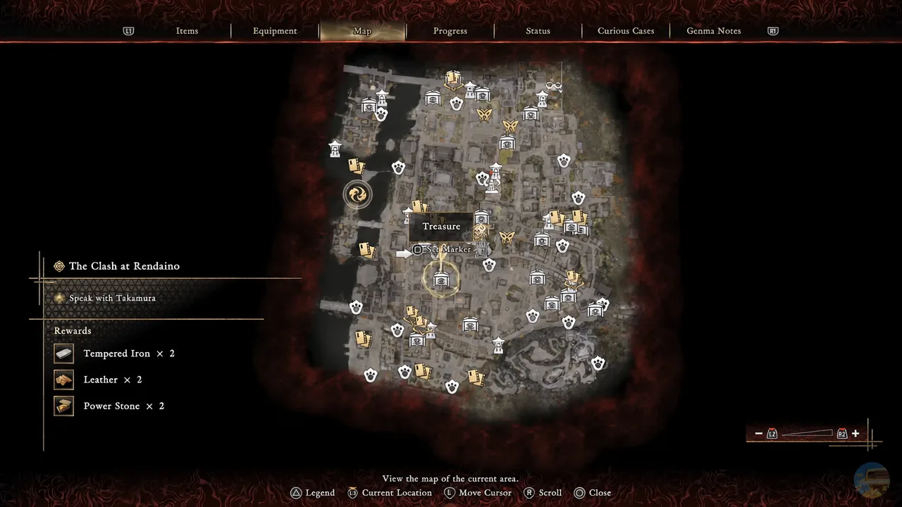 Map screen highlighting the Genma Note chest location in central-north Kyoto for Kogai.