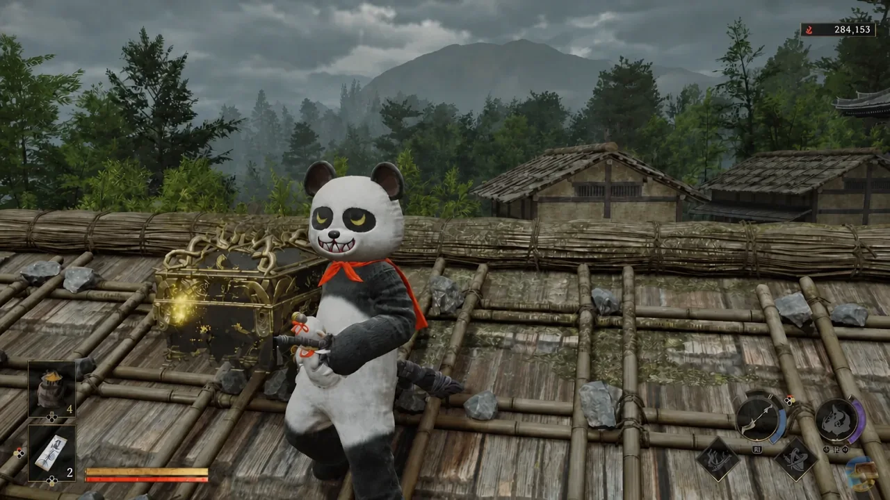 Musashi opening a glowing hidden treasure chest revealed by Oni Vision