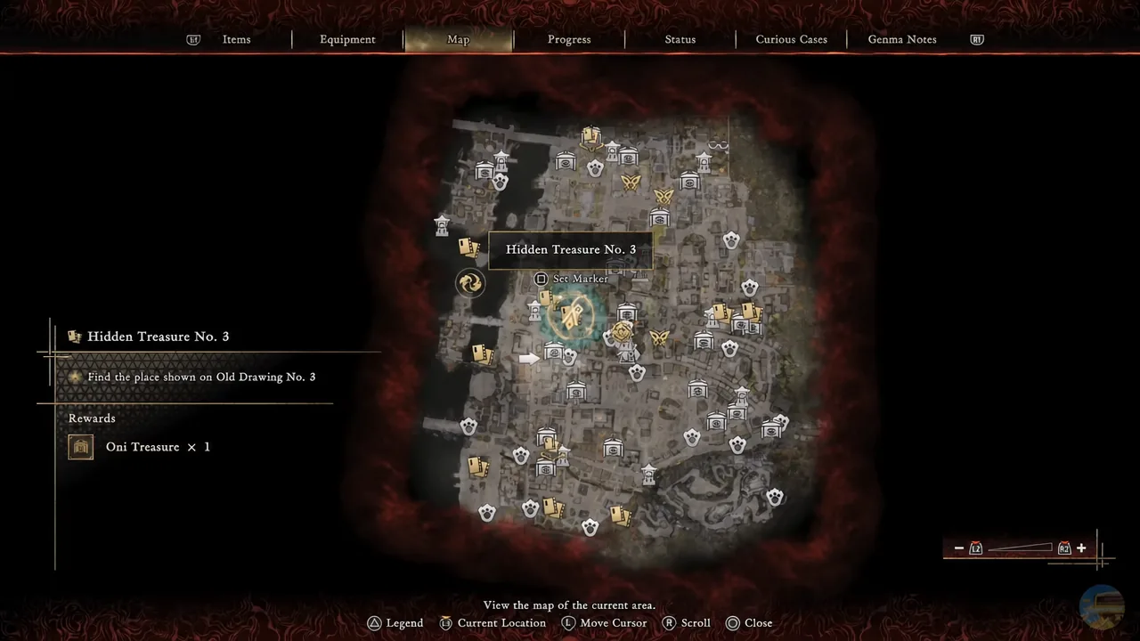 Map screen with the Hidden Treasure No. 3 marker selected near the temple