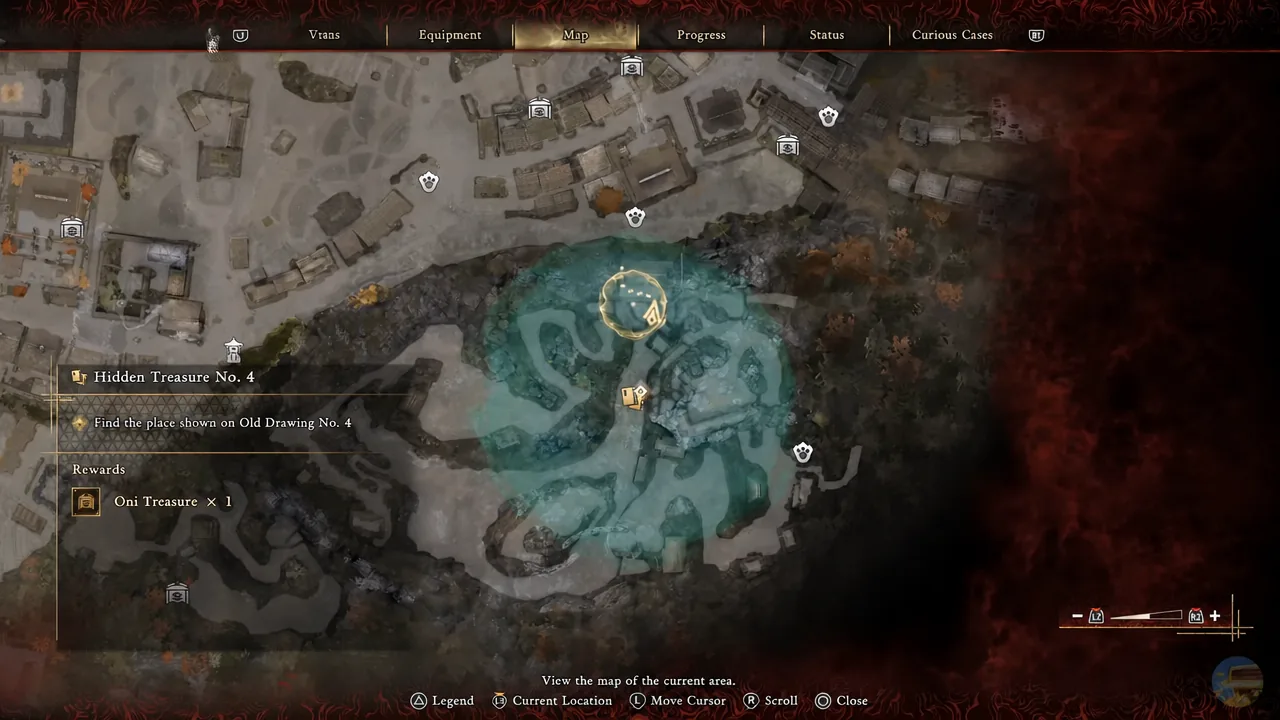 Map tab showing the Hidden Treasure No. 4 marker at the mountain shrine