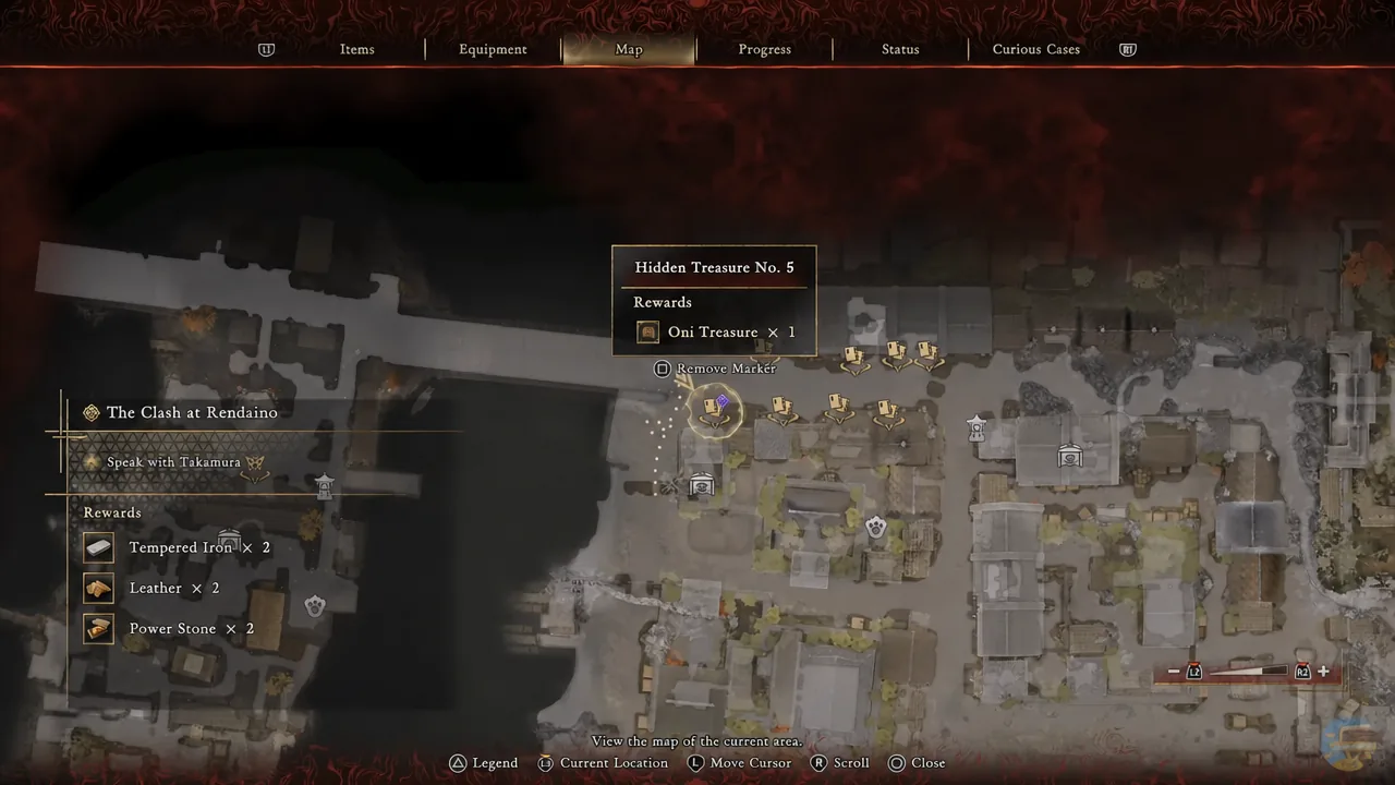 Map screen with the Hidden Treasure No. 5 marker open and its reward popup showing