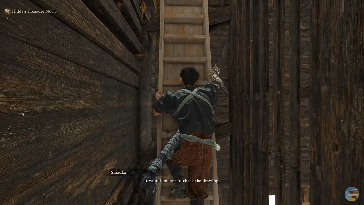 Musashi climbing a wooden ladder inside Yasaka Pagoda during the Hidden Treasure No. 5 quest