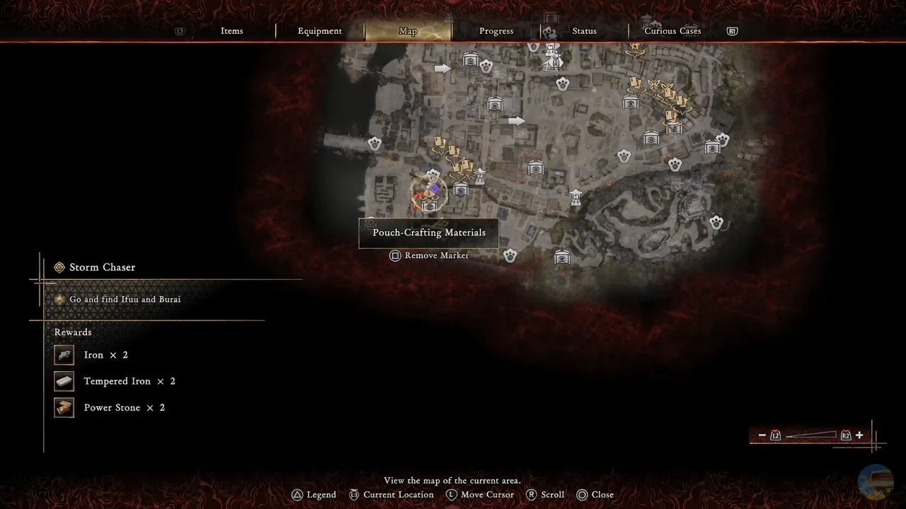 Map screen with the Pouch-Crafting Materials marker highlighted for the Oni Cloth Aggressor location