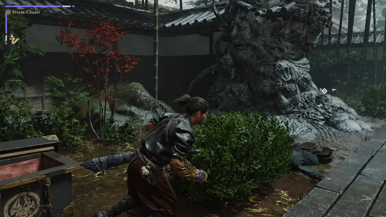Crouching player character moving toward the marked objective with the Storm Chaser HUD label visible
