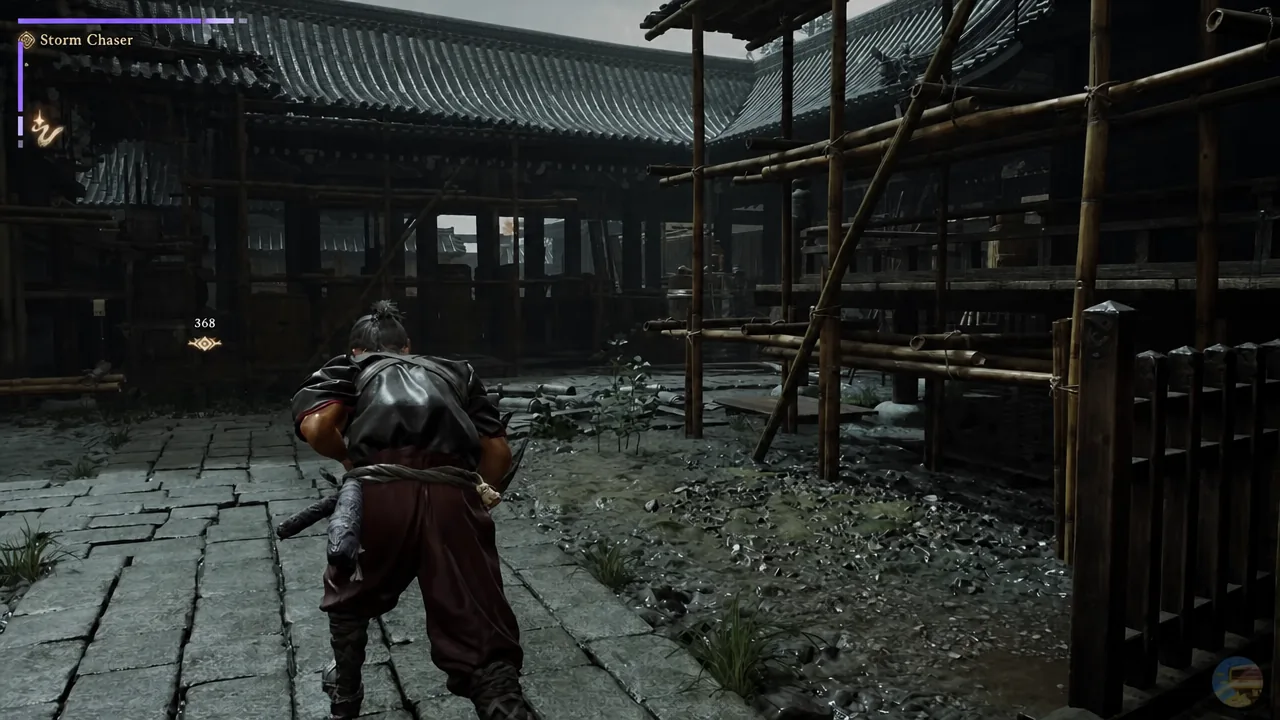 Storm Chaser quest HUD showing an objective marker as the player moves through the courtyard toward the Awakening chest