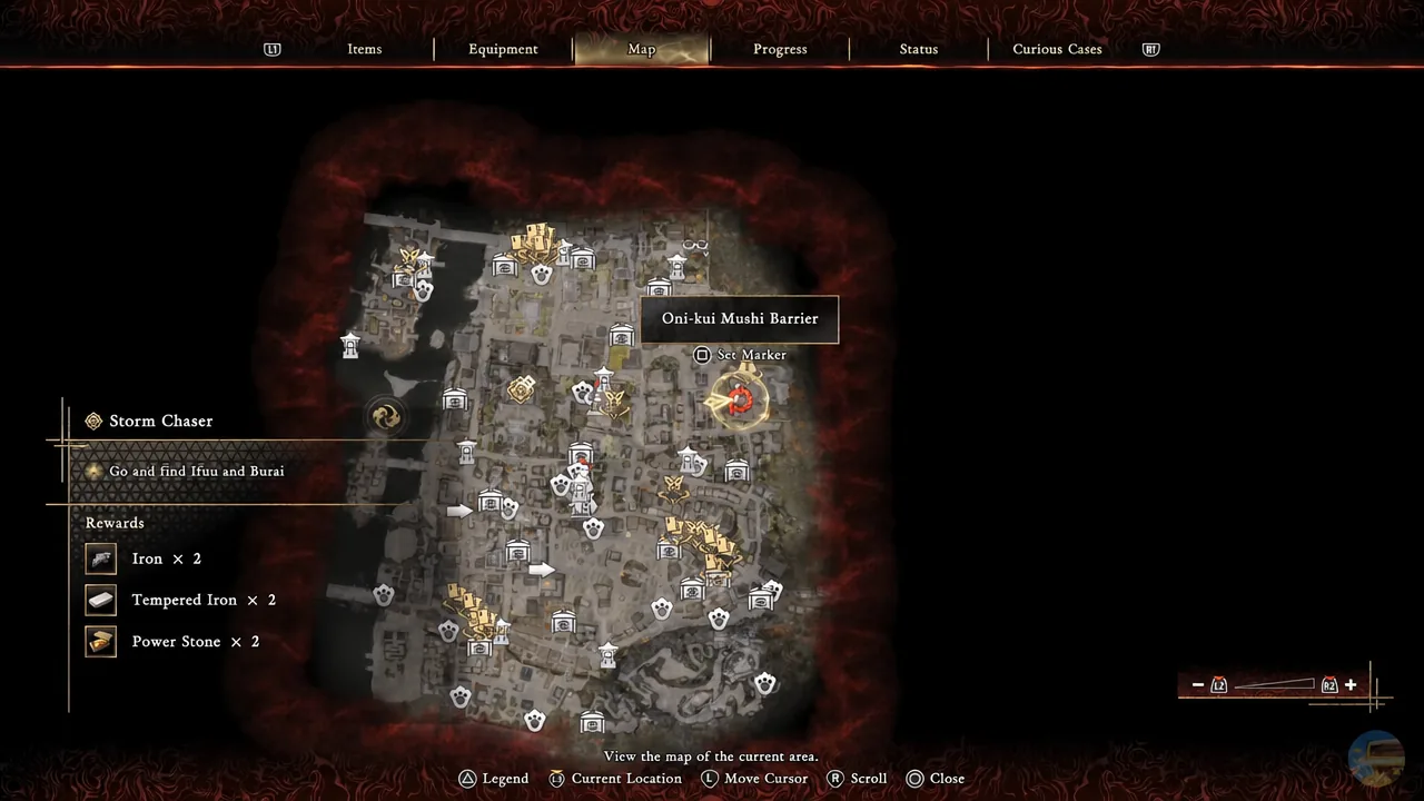 Map screen highlighting the Oni-kui Mushi Barrier marker in the Yasaka Pagoda district