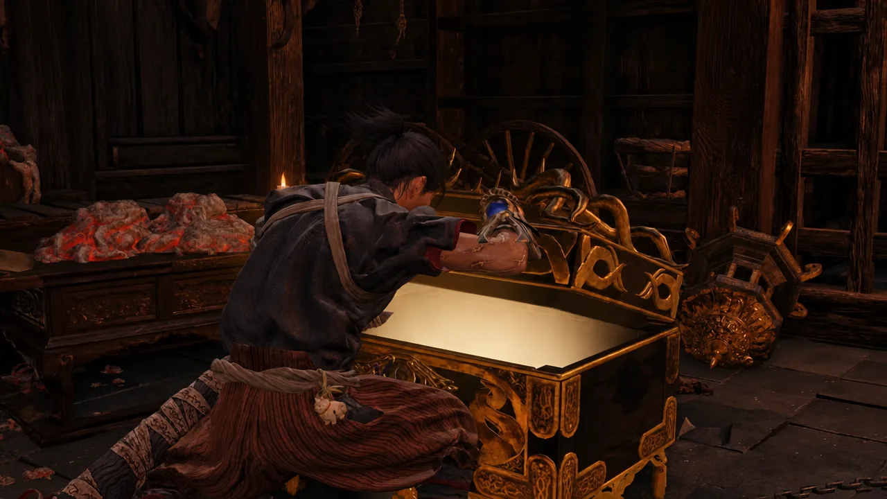 Musashi opening an ornate golden armament chest