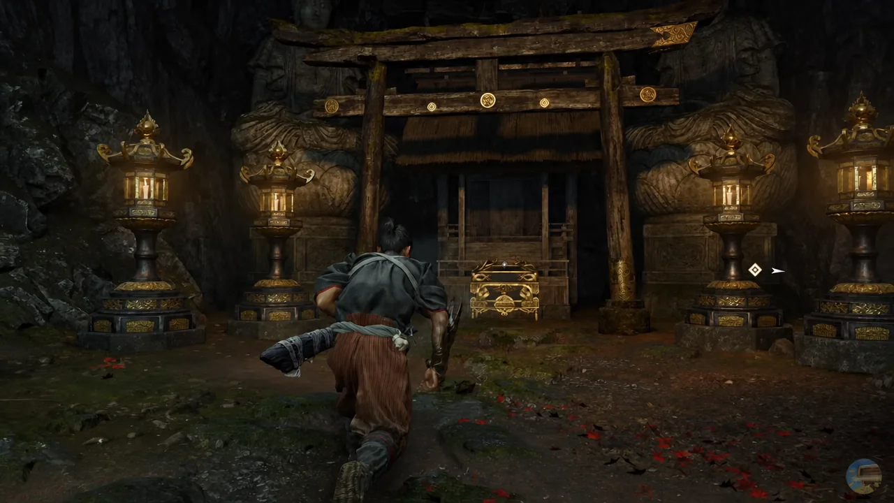Musashi walking up to the ornate chest sitting in front of a small shrine